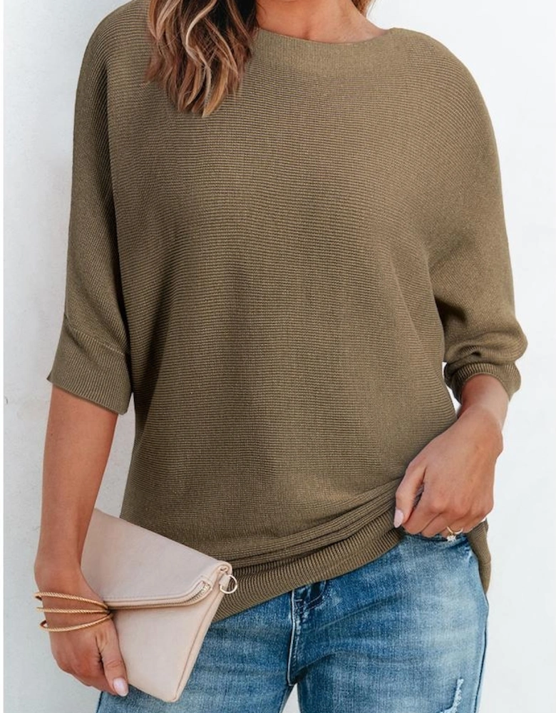Coffee Round Neck Half Sleeve Ribbed Knit Top
