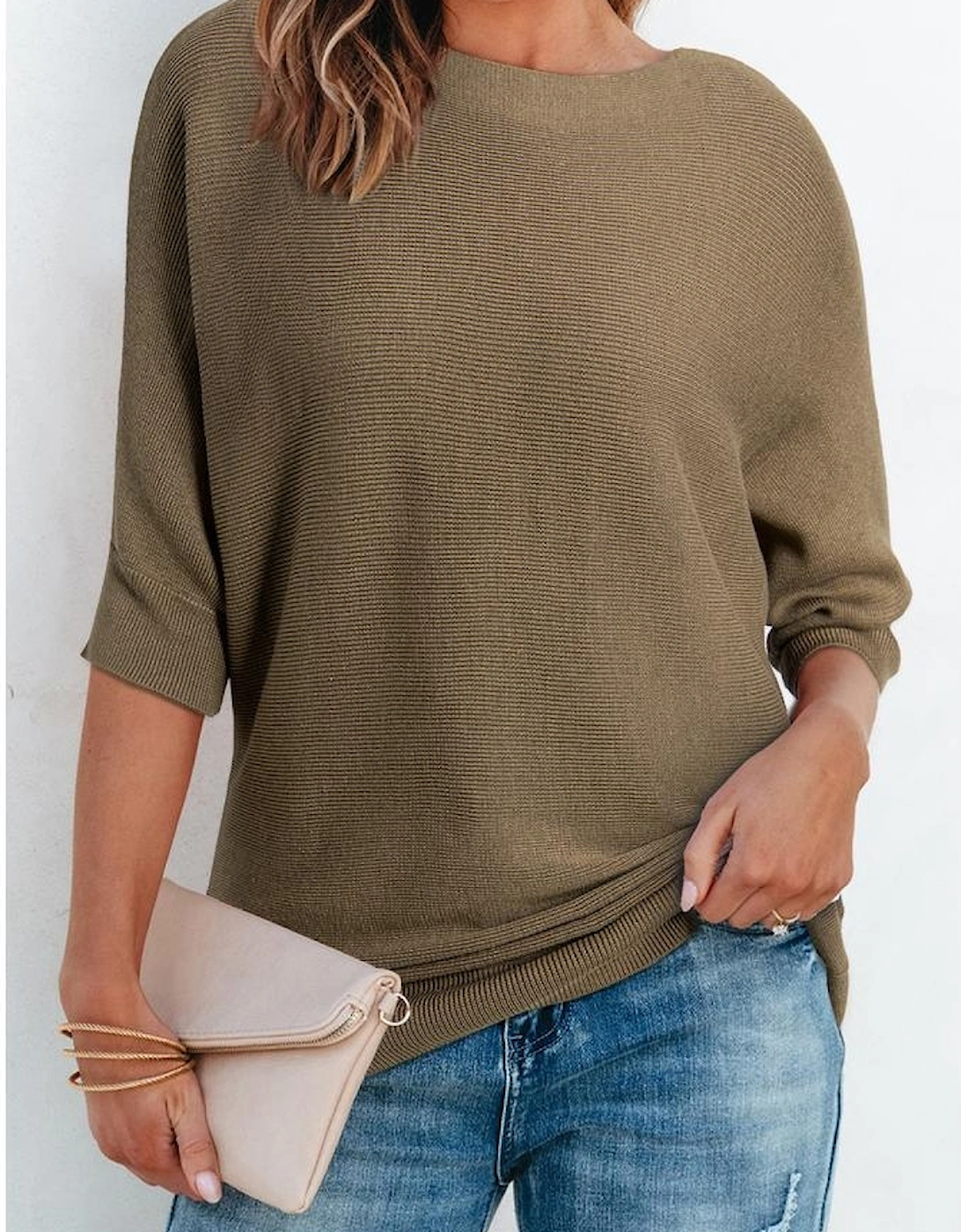 Coffee Round Neck Half Sleeve Ribbed Knit Top