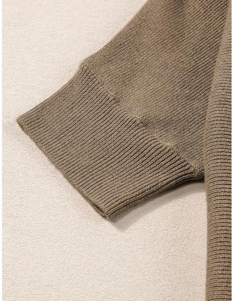 Coffee Round Neck Half Sleeve Ribbed Knit Top