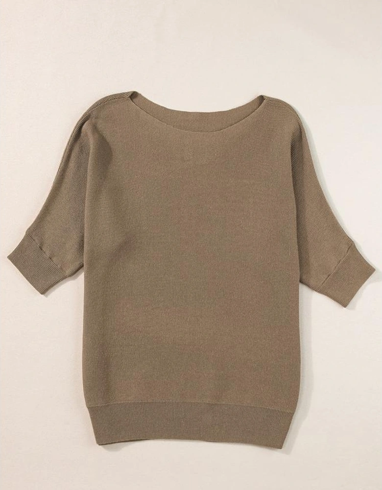 Coffee Round Neck Half Sleeve Ribbed Knit Top