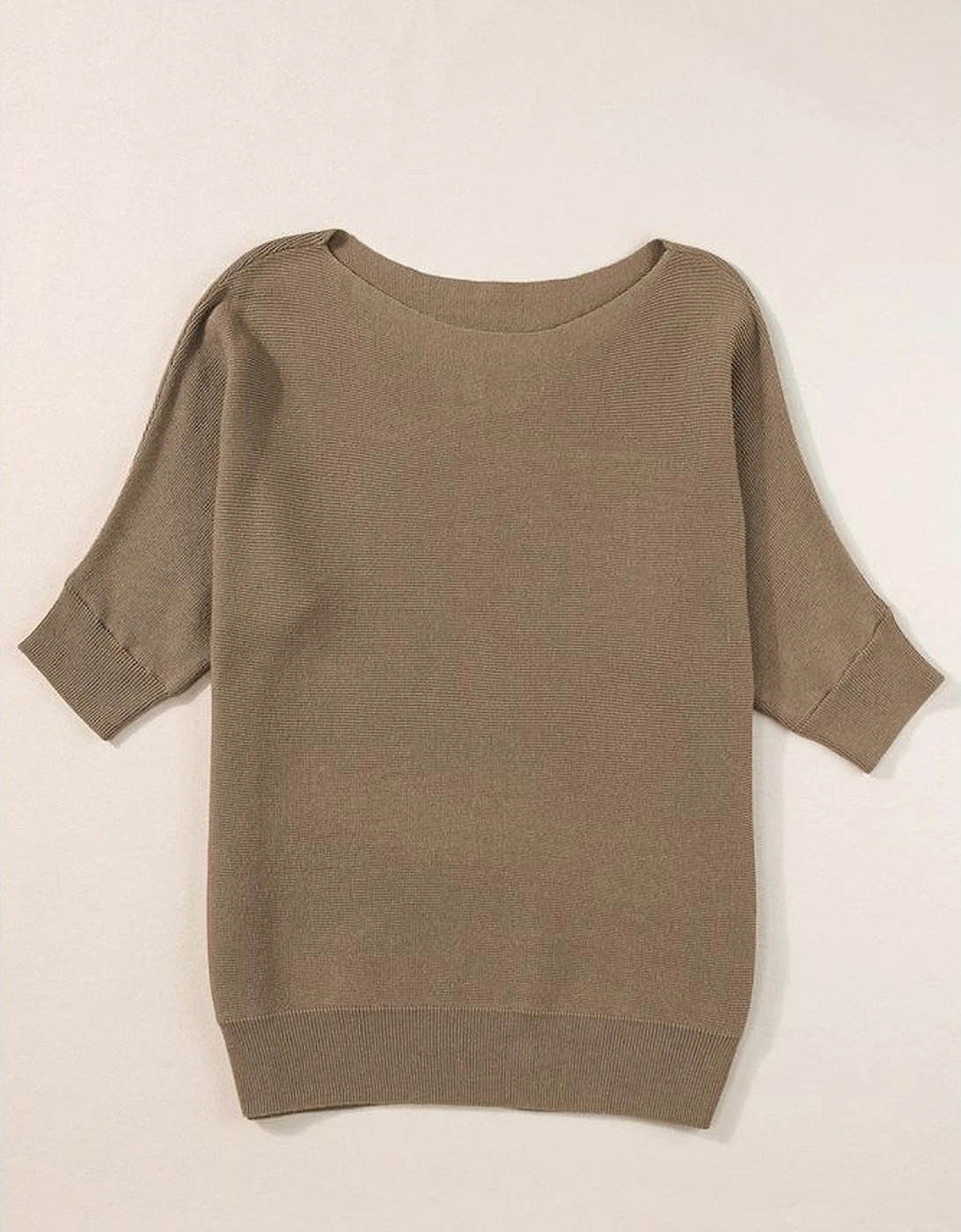 Coffee Round Neck Half Sleeve Ribbed Knit Top
