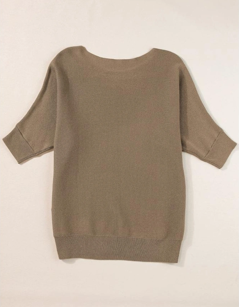 Coffee Round Neck Half Sleeve Ribbed Knit Top