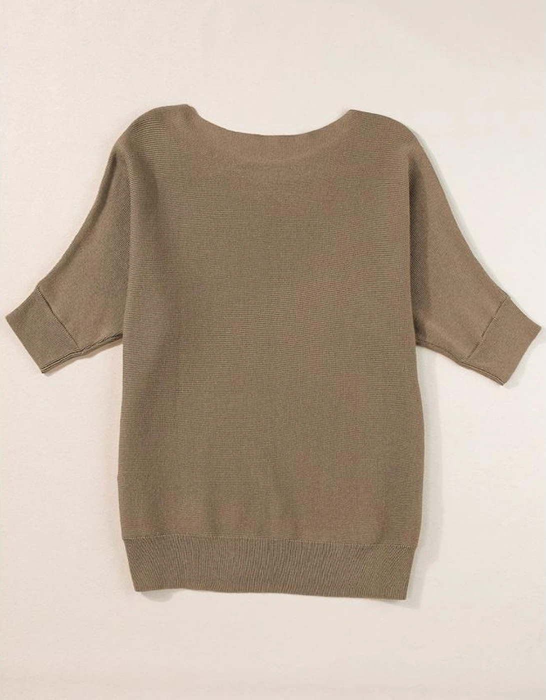 Coffee Round Neck Half Sleeve Ribbed Knit Top