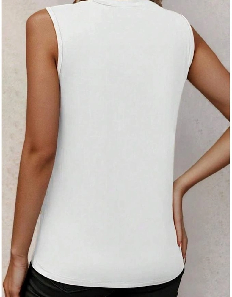 White Crew Neck Pleated Tank Top