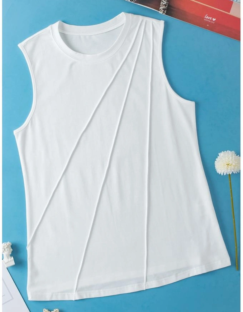 White Crew Neck Pleated Tank Top