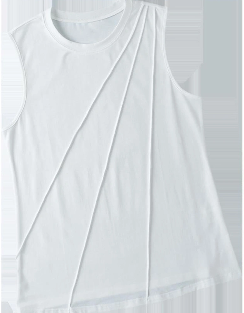 White Crew Neck Pleated Tank Top