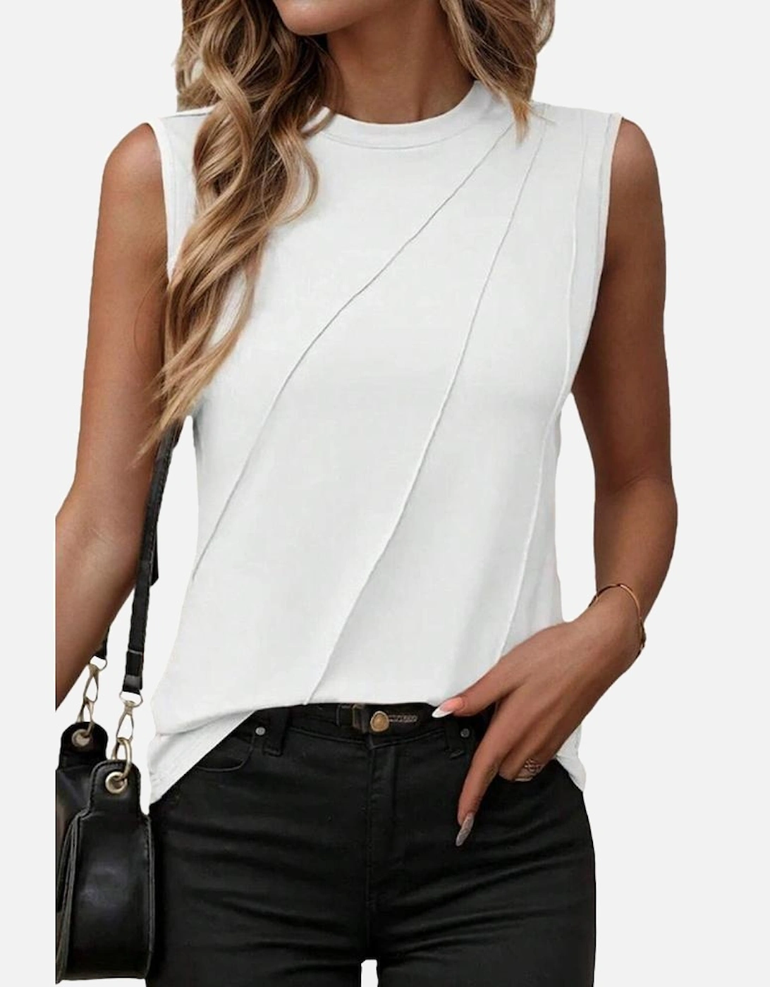 White Crew Neck Pleated Tank Top