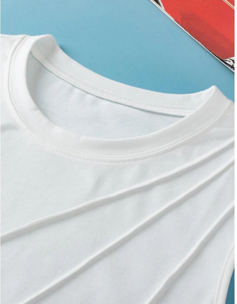 White Crew Neck Pleated Tank Top