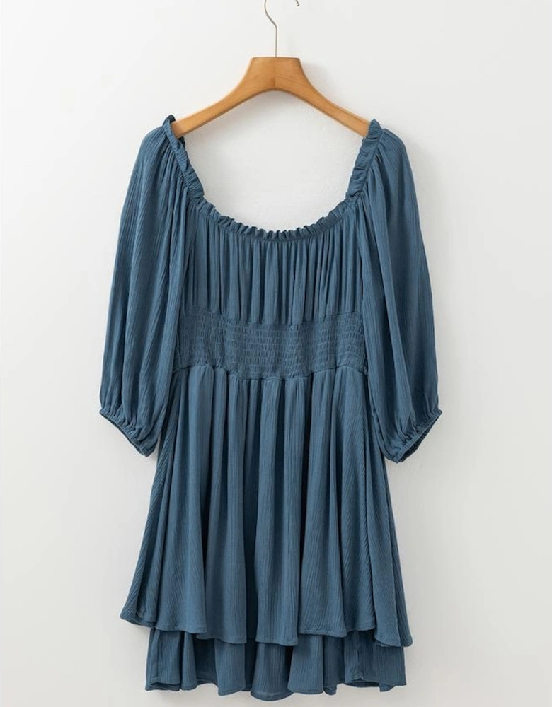 Real Teal Frilled Neckline 3/4 Sleeve Layered Ruched Mini Dress