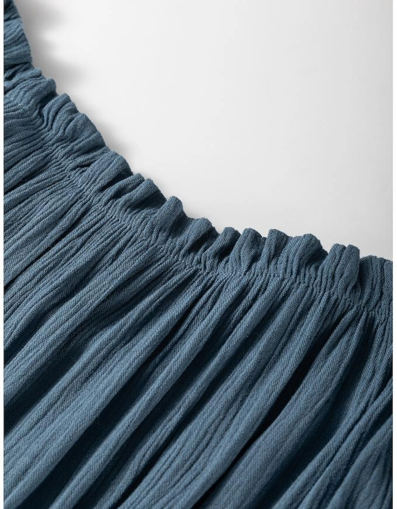 Real Teal Frilled Neckline 3/4 Sleeve Layered Ruched Mini Dress