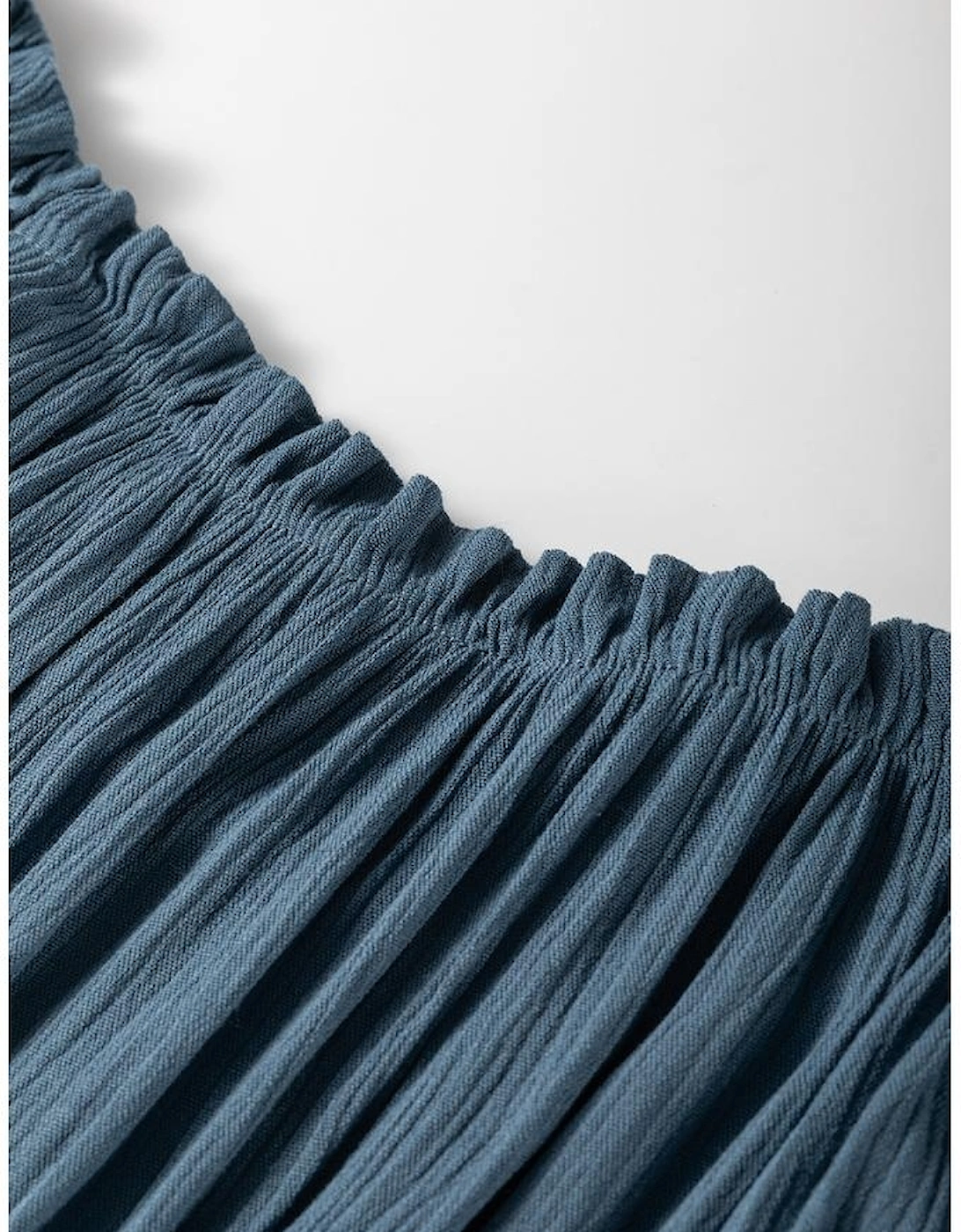 Real Teal Frilled Neckline 3/4 Sleeve Layered Ruched Mini Dress