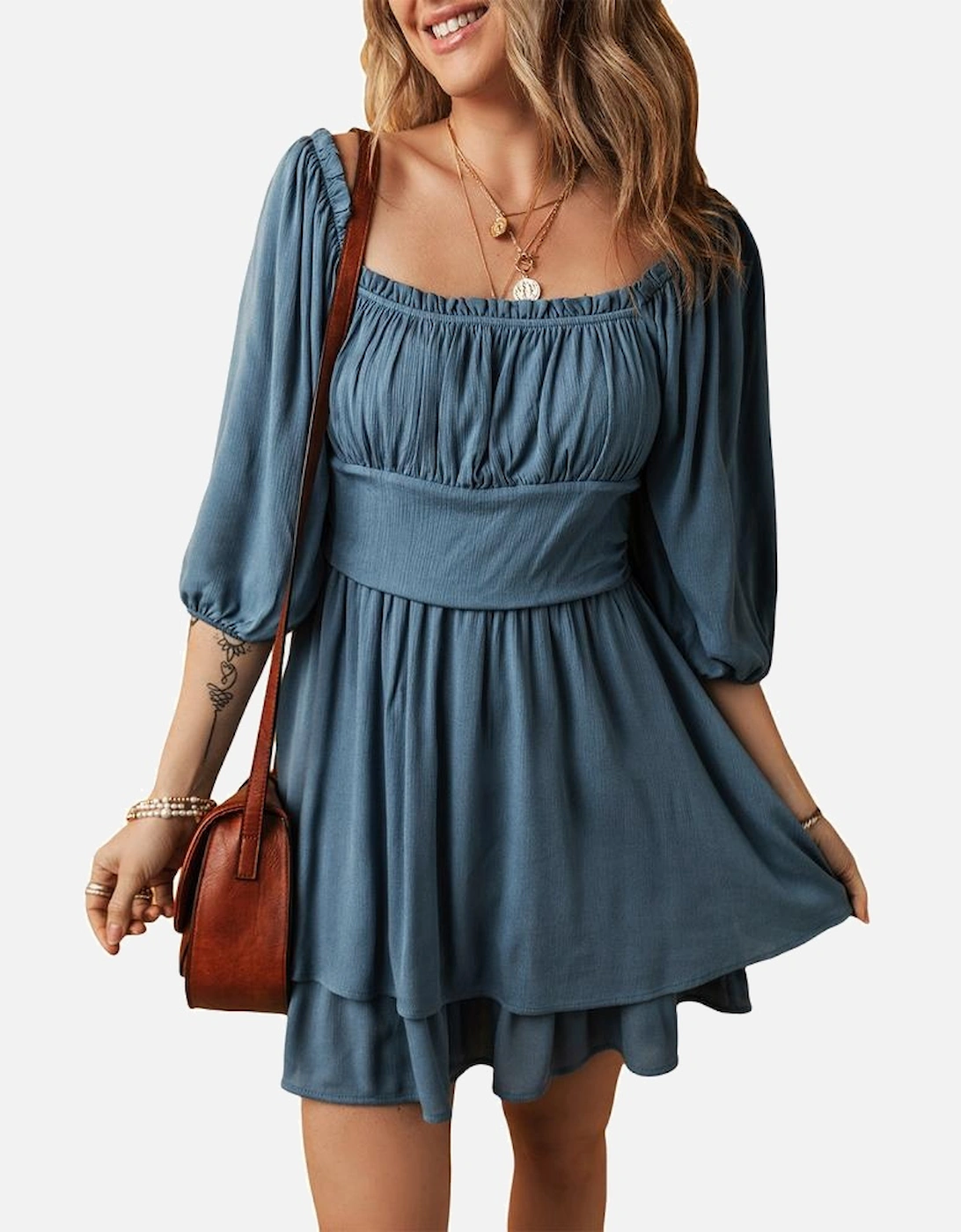 Real Teal Frilled Neckline 3/4 Sleeve Layered Ruched Mini Dress