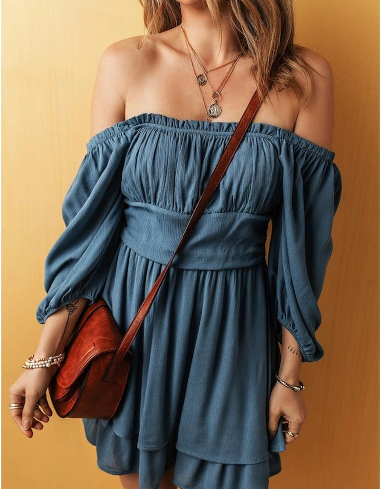 Real Teal Frilled Neckline 3/4 Sleeve Layered Ruched Mini Dress