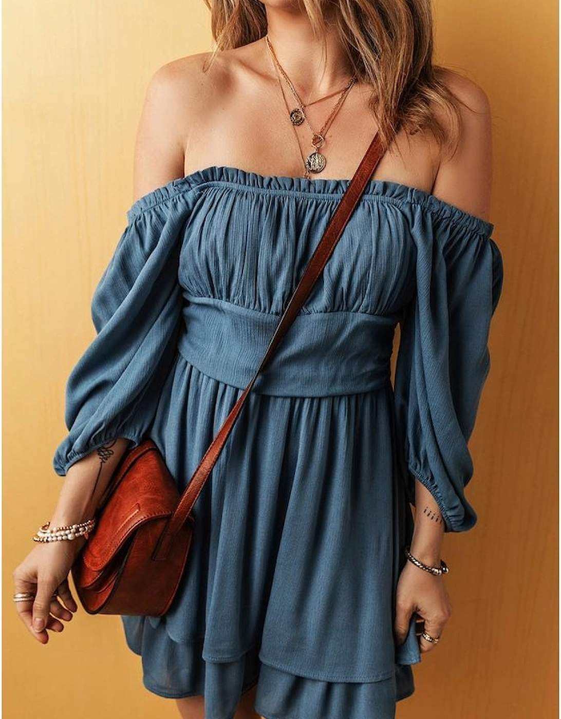 Real Teal Frilled Neckline 3/4 Sleeve Layered Ruched Mini Dress