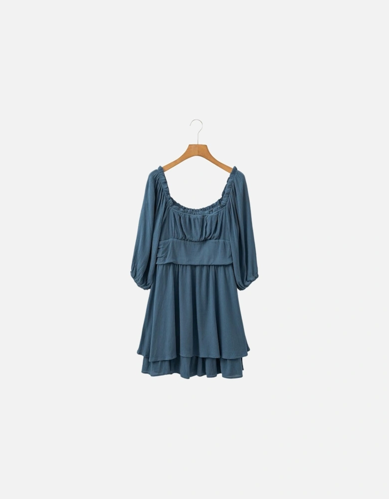 Real Teal Frilled Neckline 3/4 Sleeve Layered Ruched Mini Dress