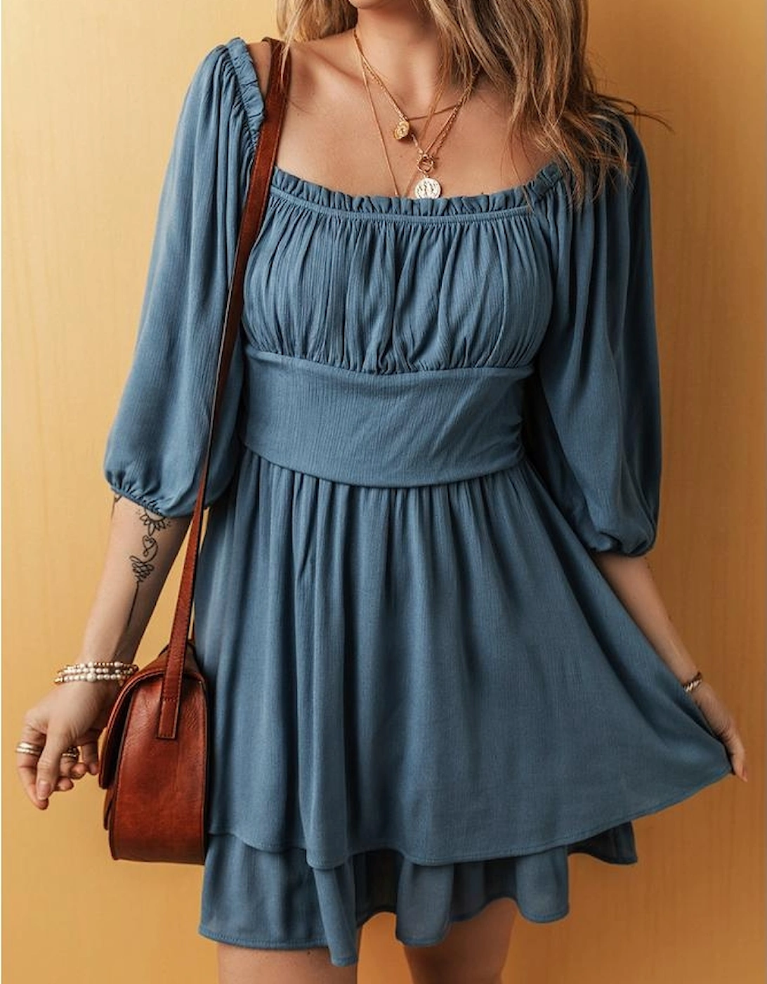 Real Teal Frilled Neckline 3/4 Sleeve Layered Ruched Mini Dress