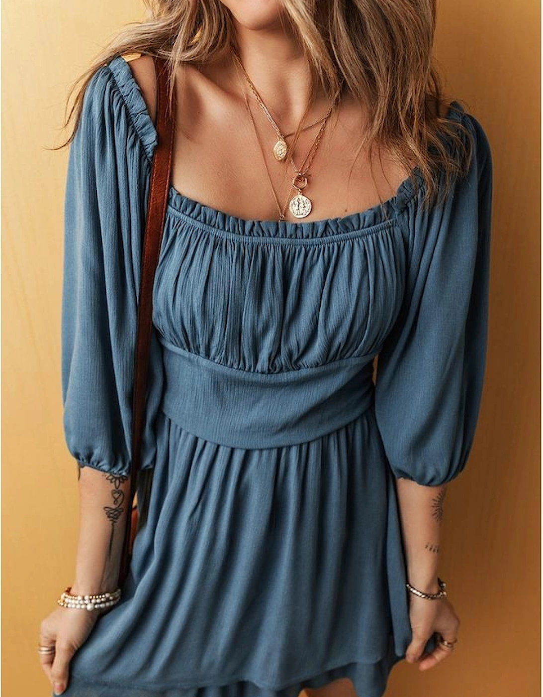 Real Teal Frilled Neckline 3/4 Sleeve Layered Ruched Mini Dress