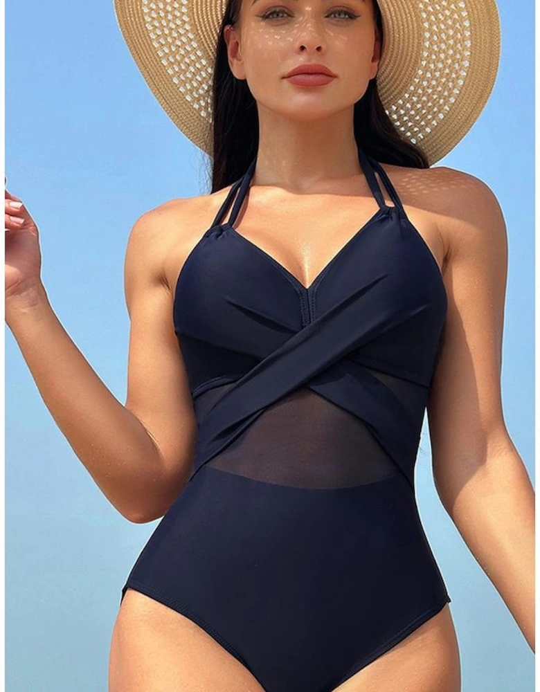 Navy Blue Halter Mesh Insert Cross Front One-Piece Swimsuit