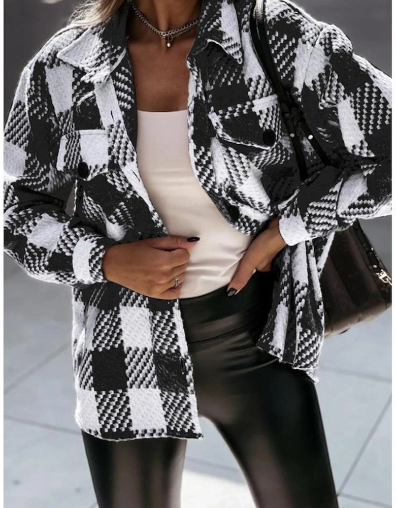 Black Plaid Textured Flap Pocket Shacket