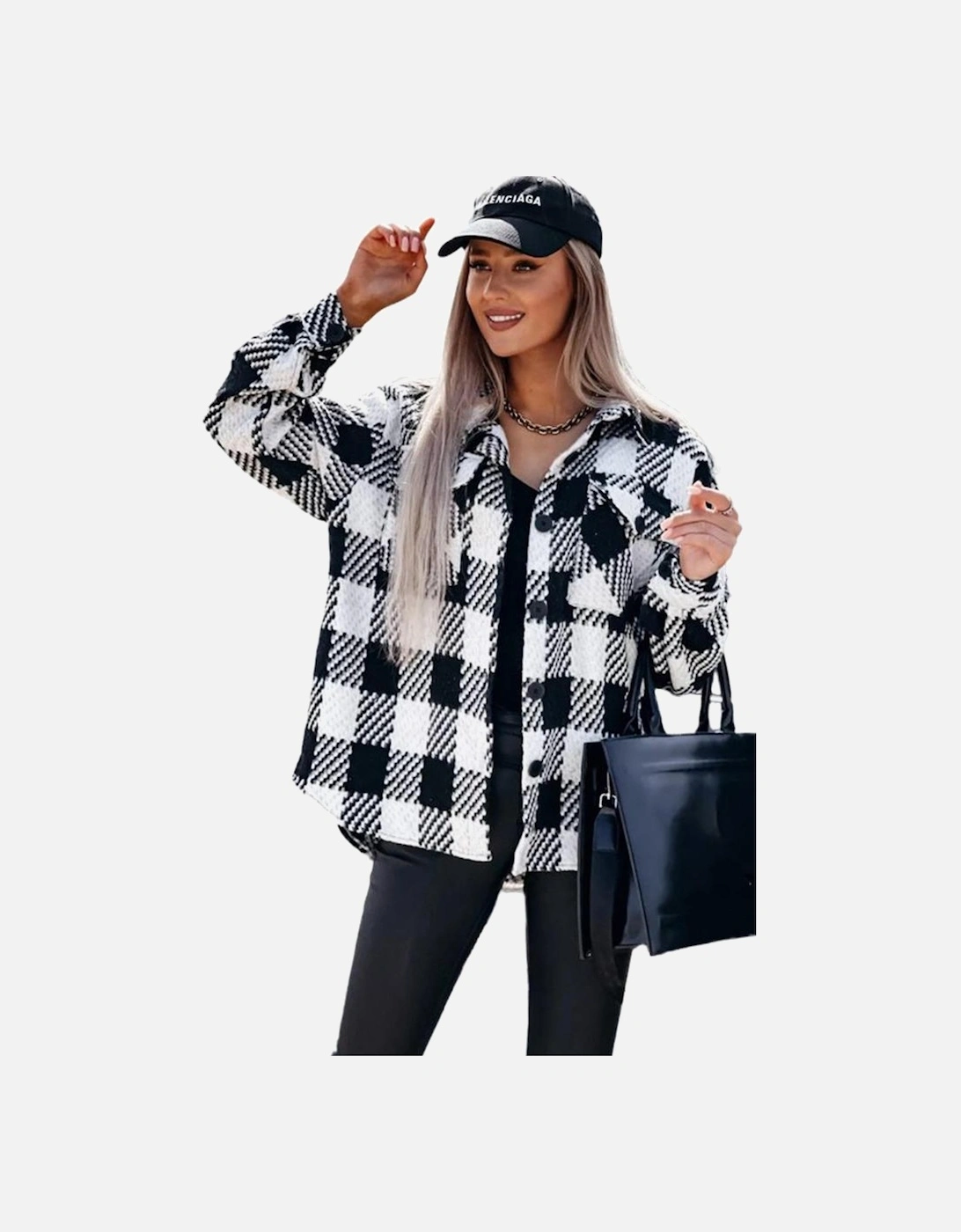 Black Plaid Textured Flap Pocket Shacket
