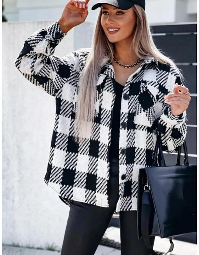 Black Plaid Textured Flap Pocket Shacket