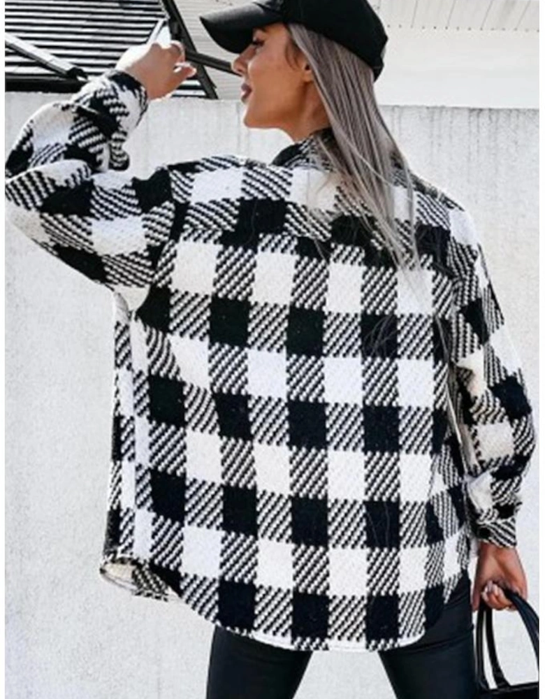 Black Plaid Textured Flap Pocket Shacket