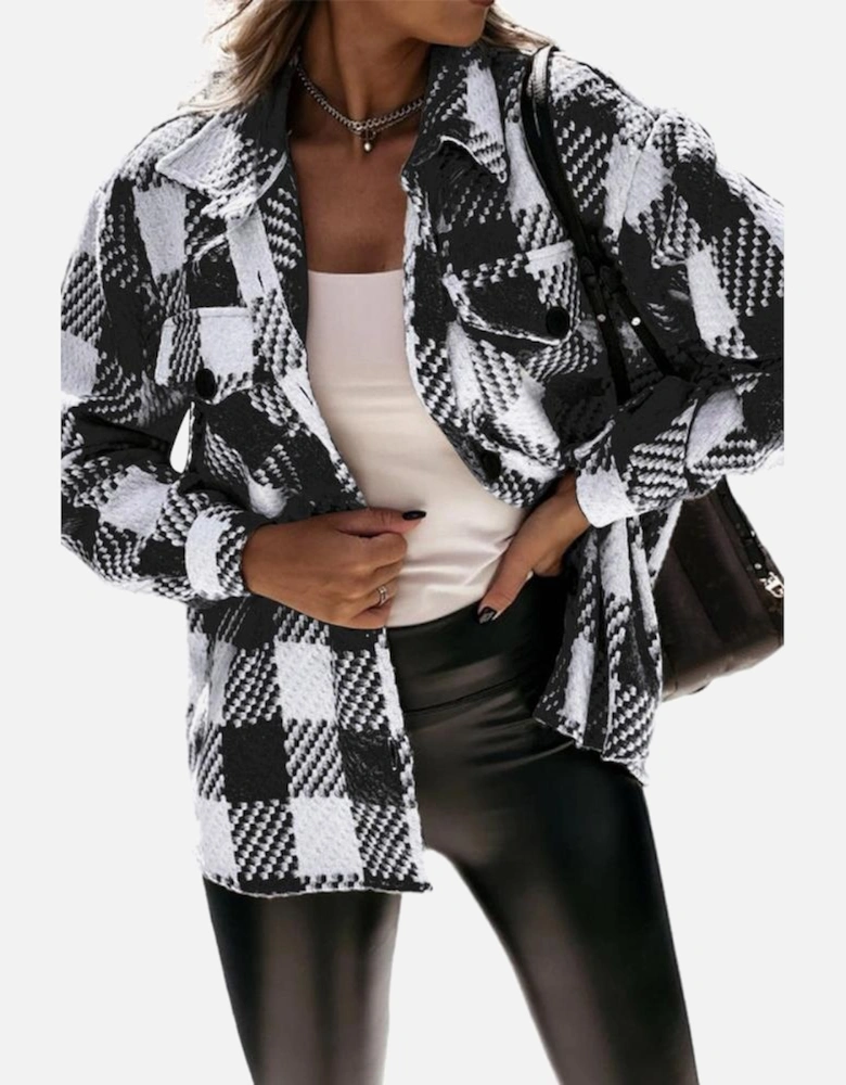 Black Plaid Textured Flap Pocket Shacket