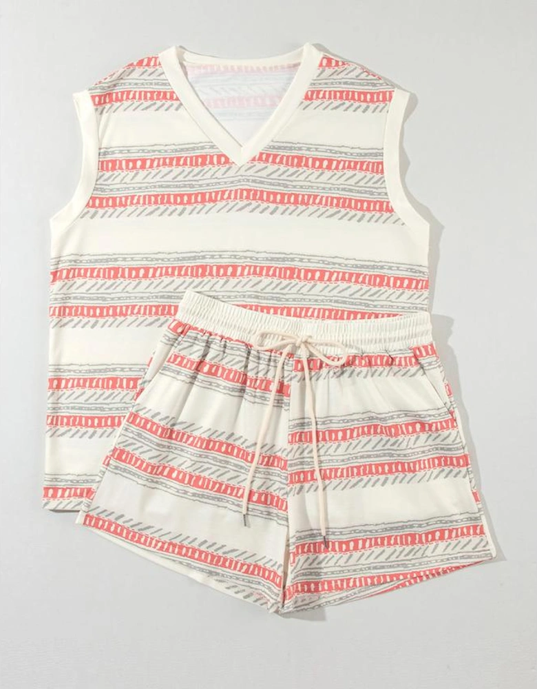 Beige Western Striped Print Casual Tank 2pcs Outfit