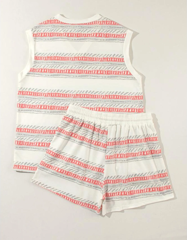 Beige Western Striped Print Casual Tank 2pcs Outfit