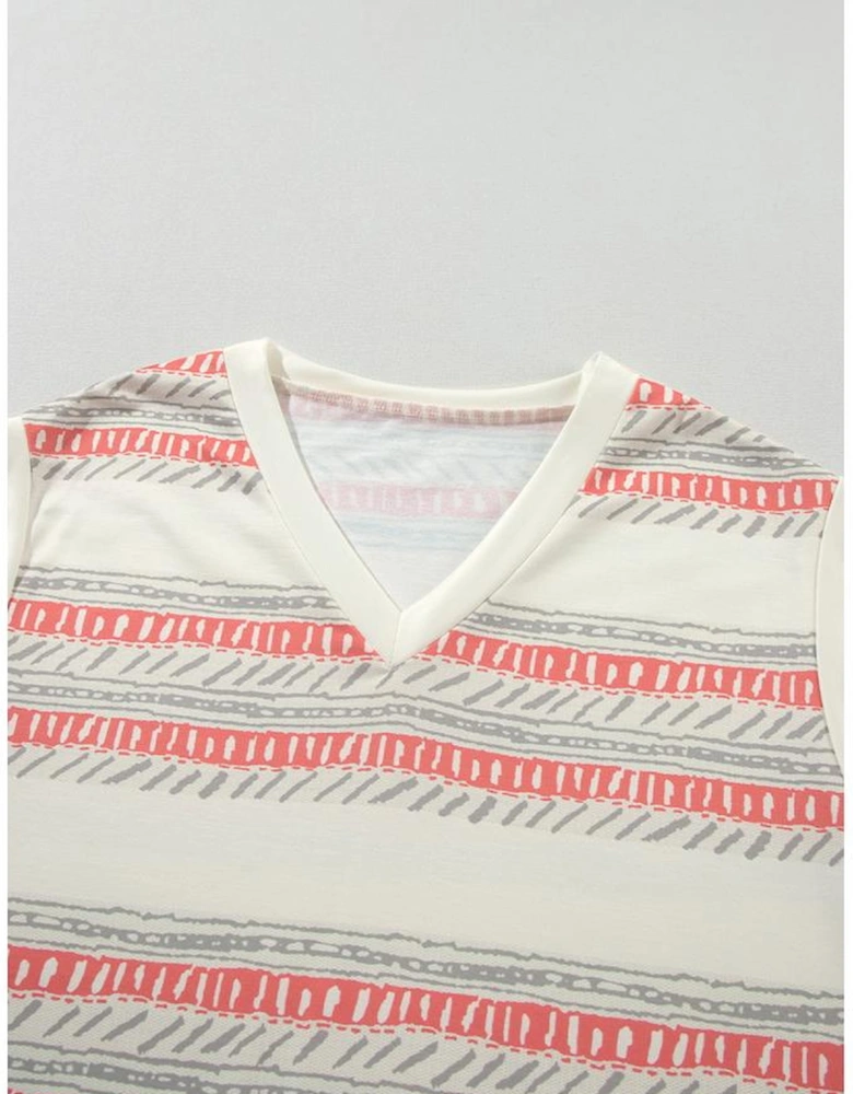 Beige Western Striped Print Casual Tank 2pcs Outfit