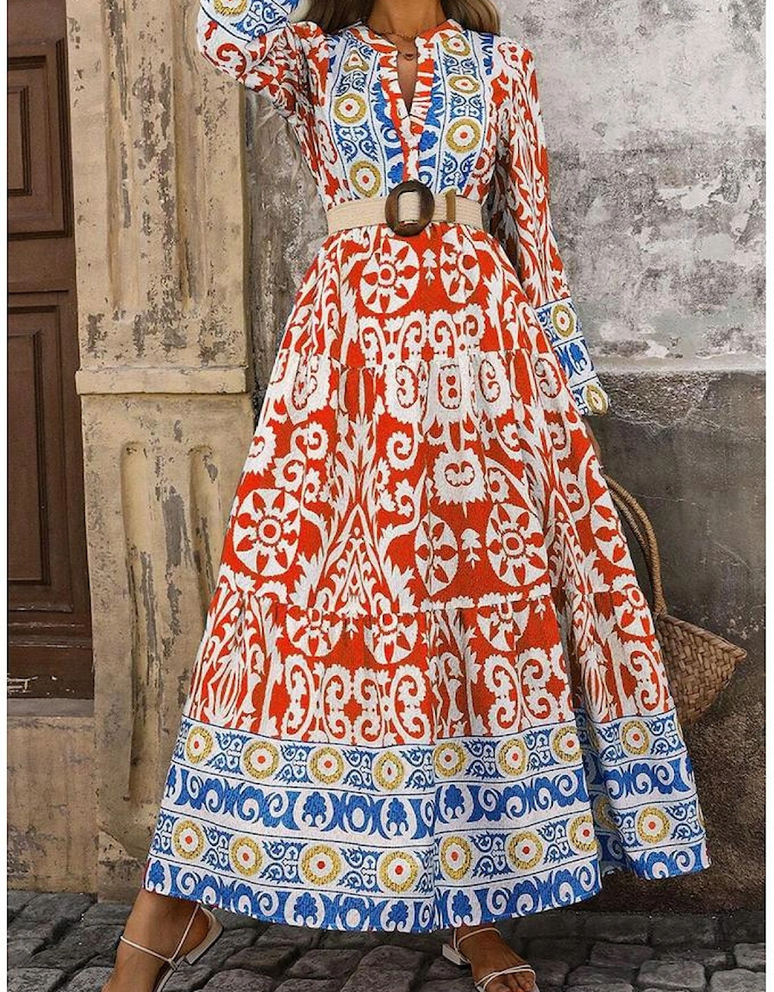 Orange Boho Geometric Printed Long Sleeve Maxi Dress