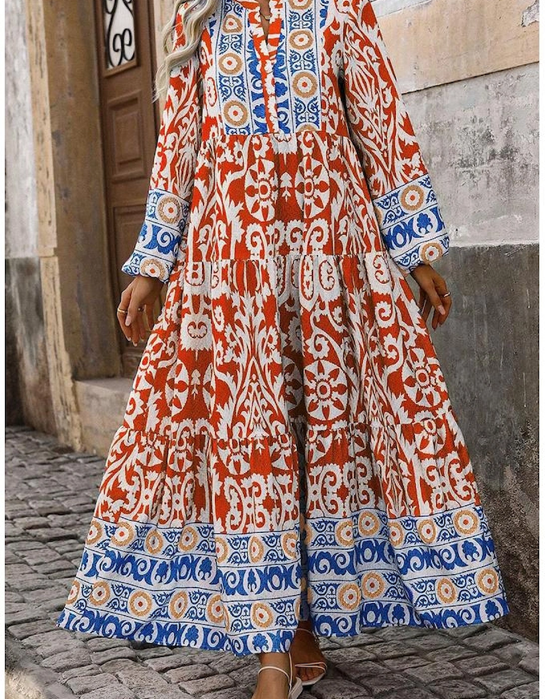 Orange Boho Geometric Printed Long Sleeve Maxi Dress