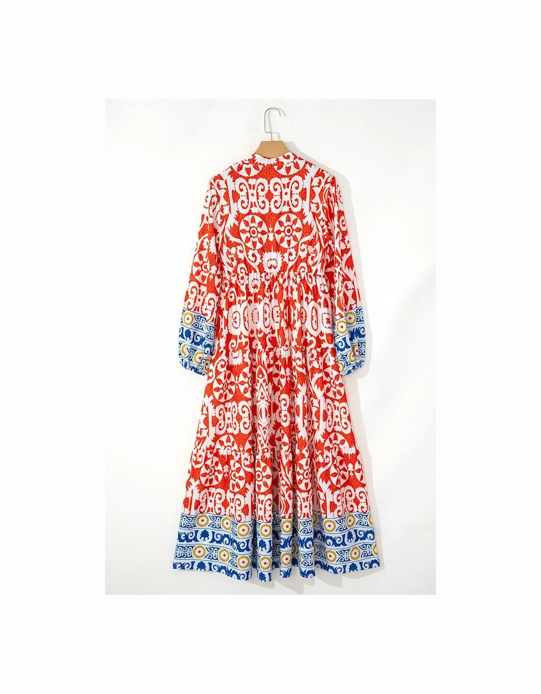 Orange Boho Geometric Printed Long Sleeve Maxi Dress