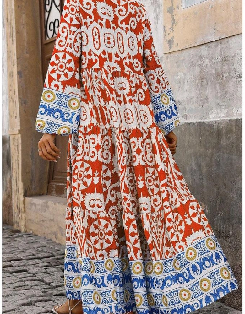 Orange Boho Geometric Printed Long Sleeve Maxi Dress