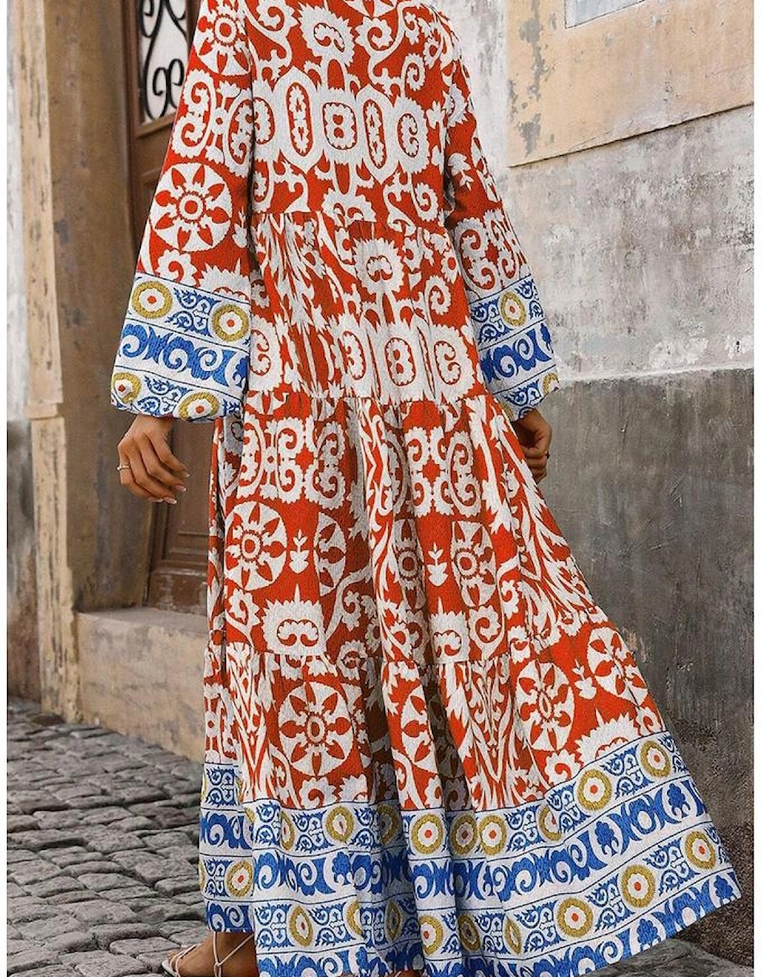 Orange Boho Geometric Printed Long Sleeve Maxi Dress
