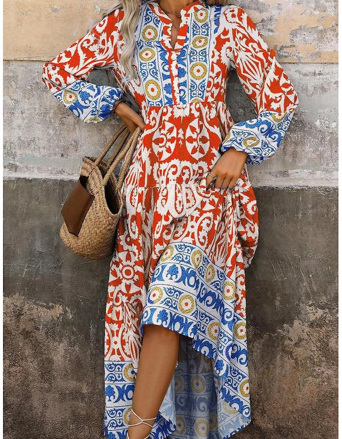 Orange Boho Geometric Printed Long Sleeve Maxi Dress