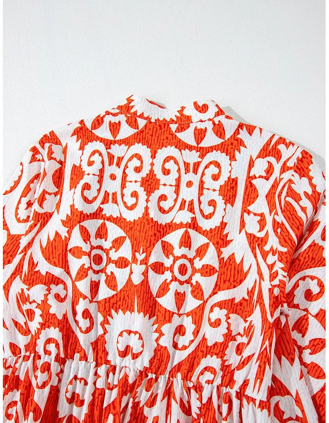 Orange Boho Geometric Printed Long Sleeve Maxi Dress