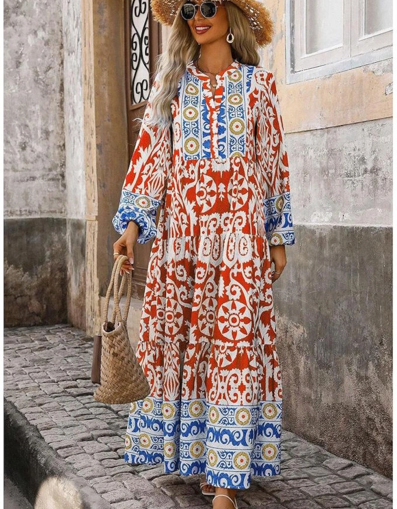 Orange Boho Geometric Printed Long Sleeve Maxi Dress