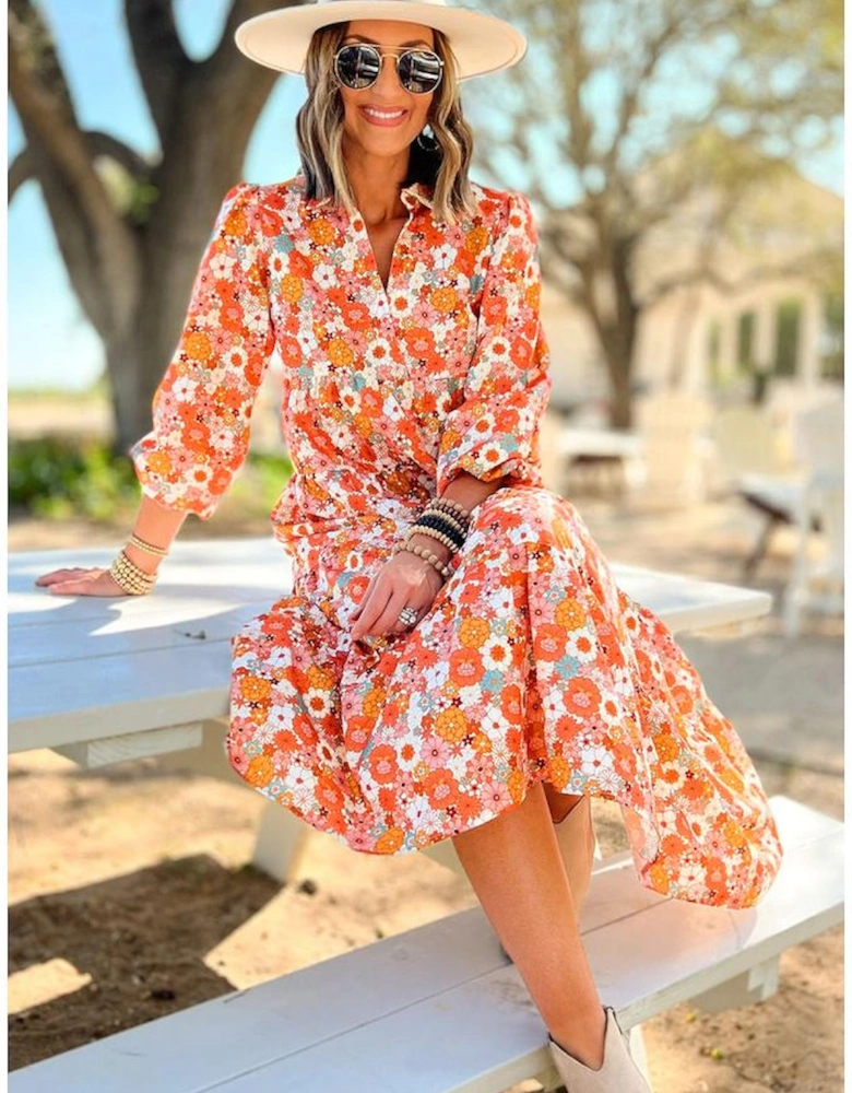 Multicolor Boho Floral Collared Long Sleeve Ruffled Dress