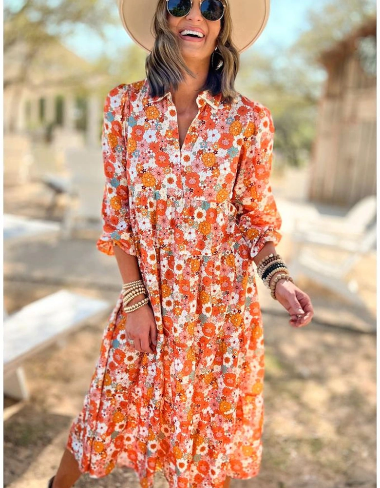 Multicolor Boho Floral Collared Long Sleeve Ruffled Dress