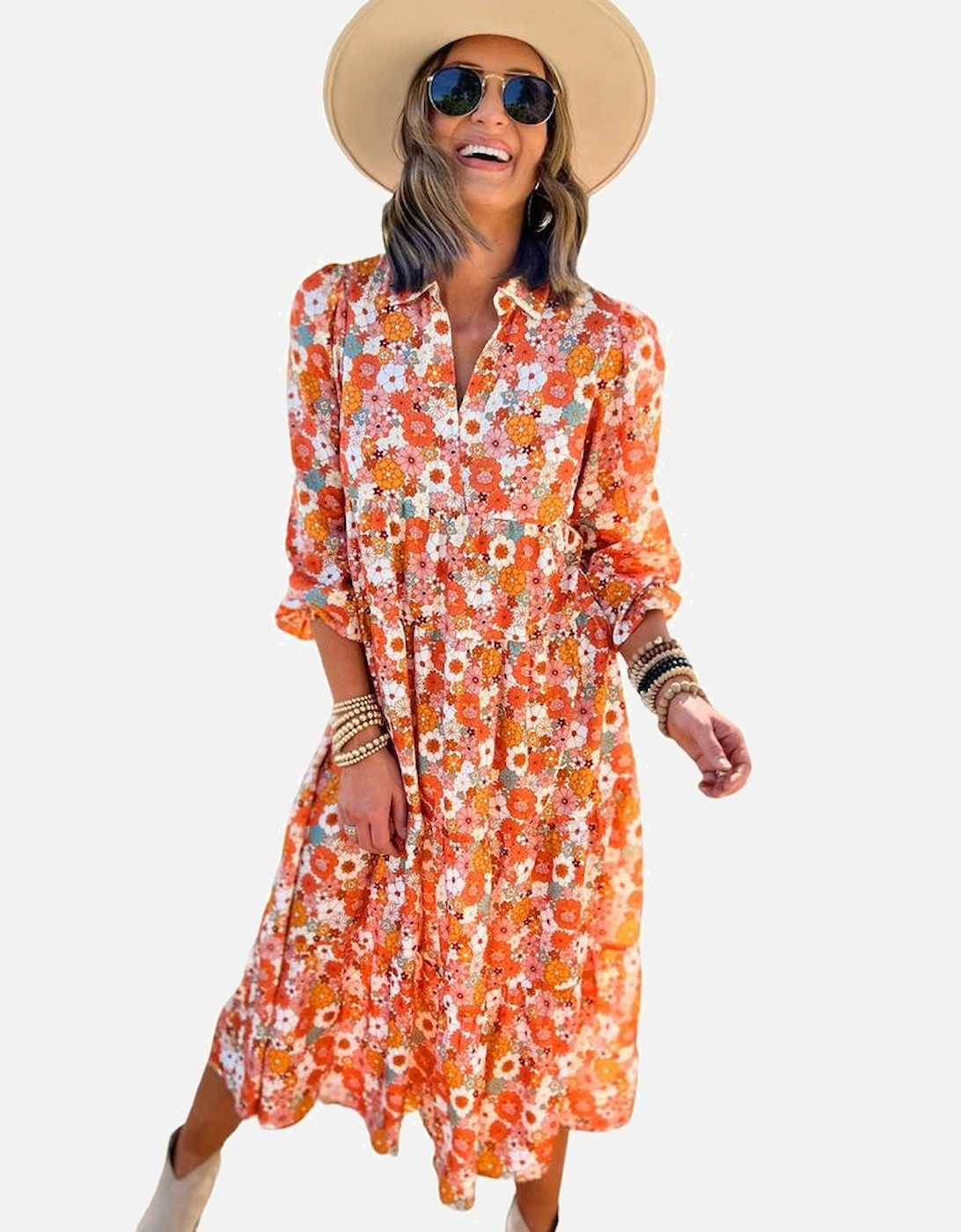 Multicolor Boho Floral Collared Long Sleeve Ruffled Dress