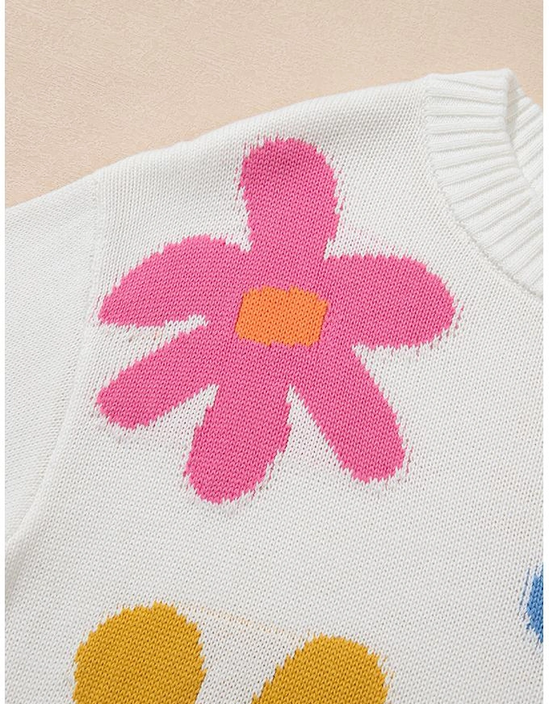 White Colorful Big Flower Pattern Crewneck Sweater