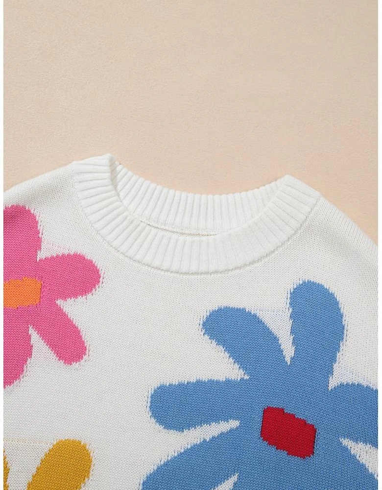 White Colorful Big Flower Pattern Crewneck Sweater