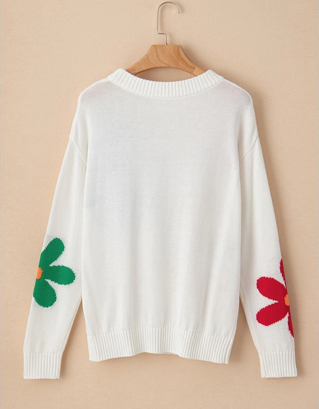 White Colorful Big Flower Pattern Crewneck Sweater