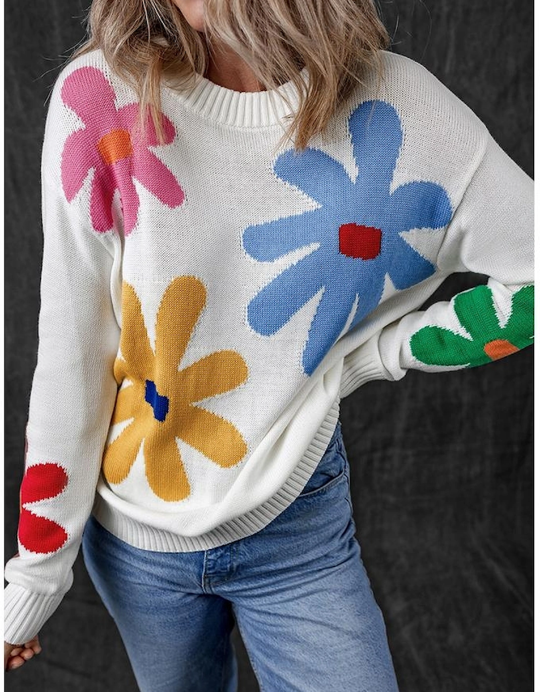 White Colorful Big Flower Pattern Crewneck Sweater