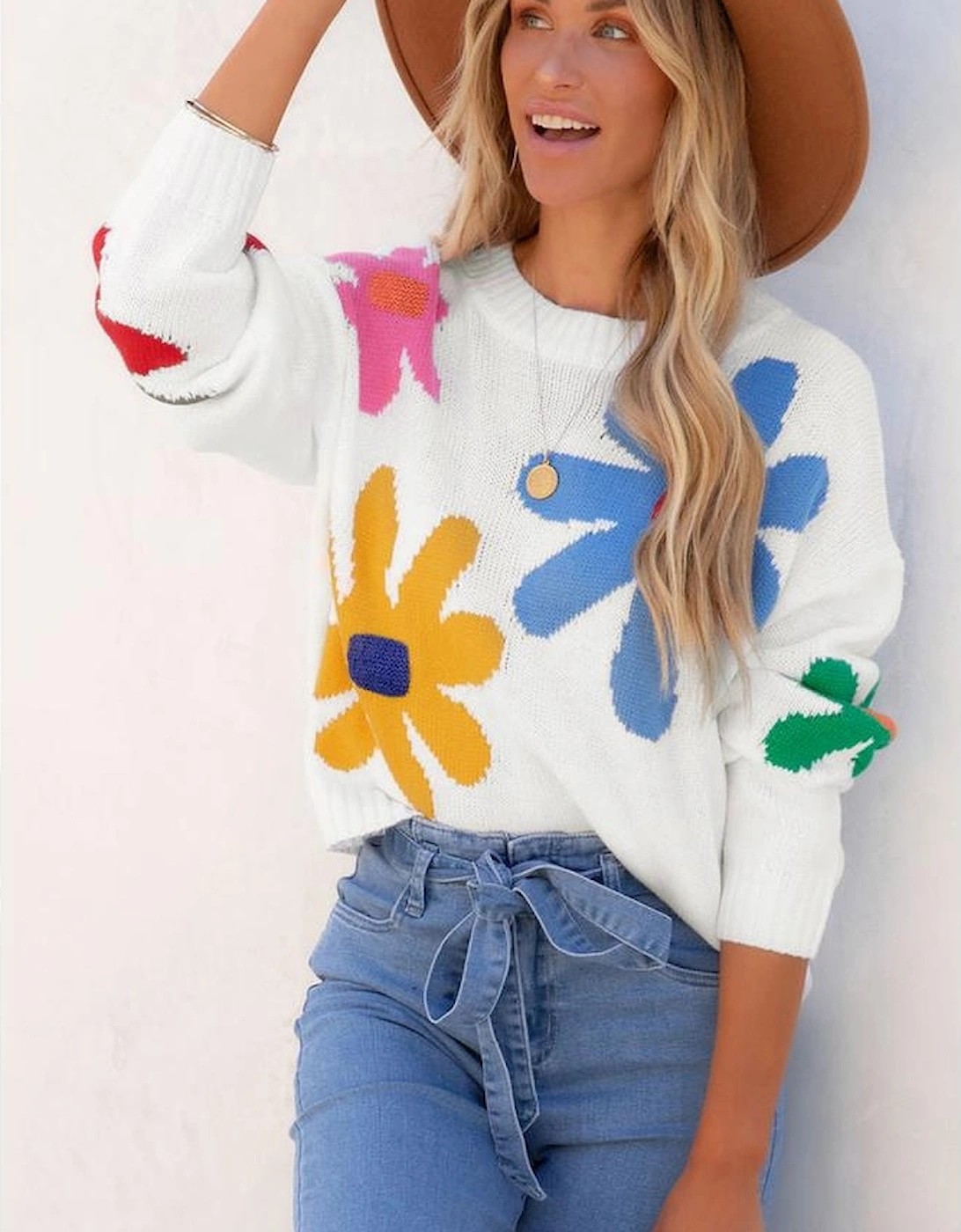 White Colorful Big Flower Pattern Crewneck Sweater