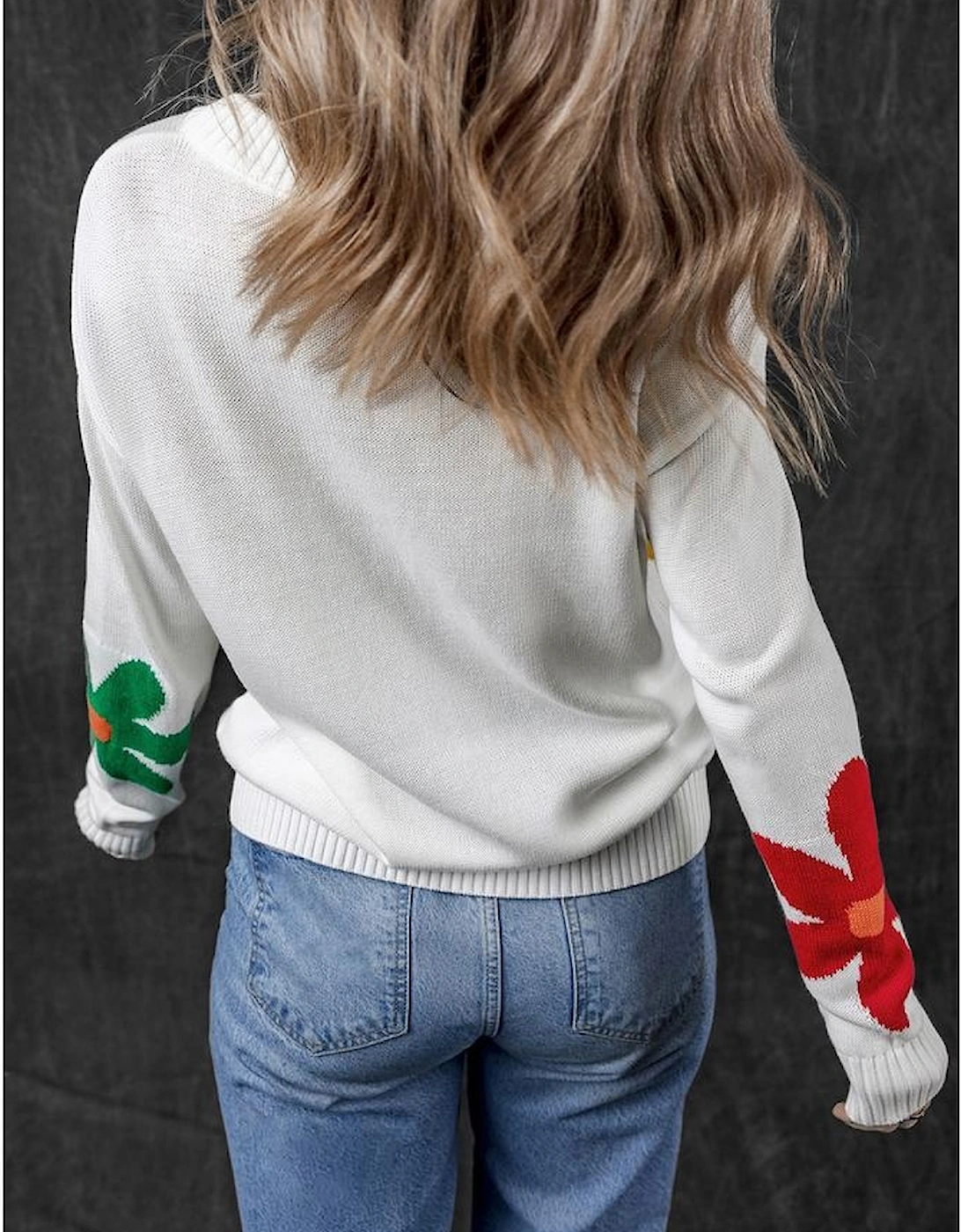 White Colorful Big Flower Pattern Crewneck Sweater