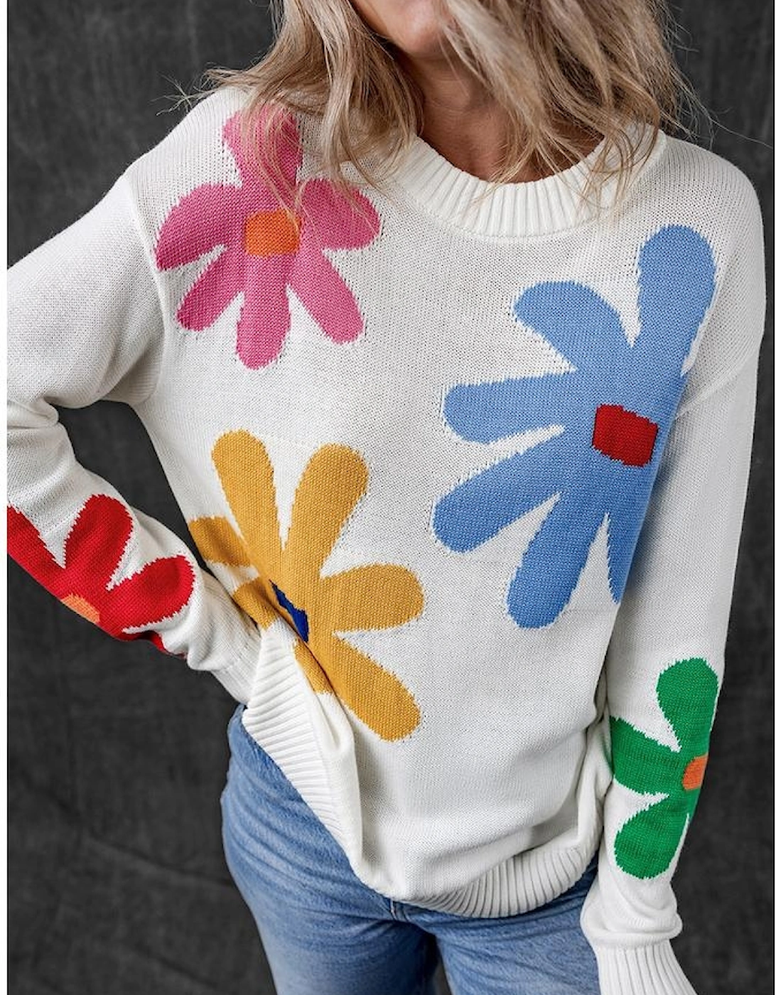 White Colorful Big Flower Pattern Crewneck Sweater