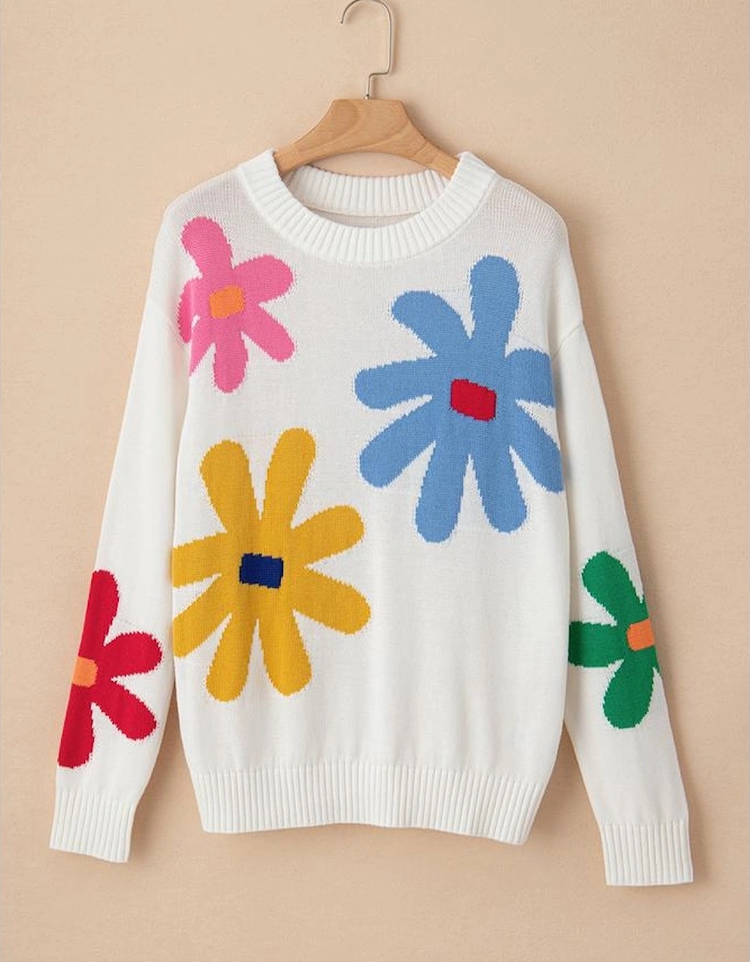 White Colorful Big Flower Pattern Crewneck Sweater