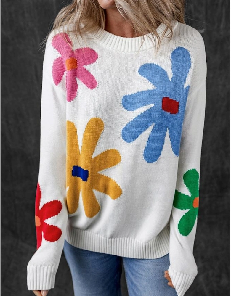 White Colorful Big Flower Pattern Crewneck Sweater